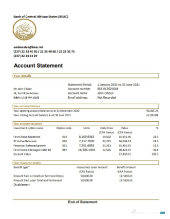 Download Central African Republic Bank of Central African States BEAC bank statement excel Photoshop template